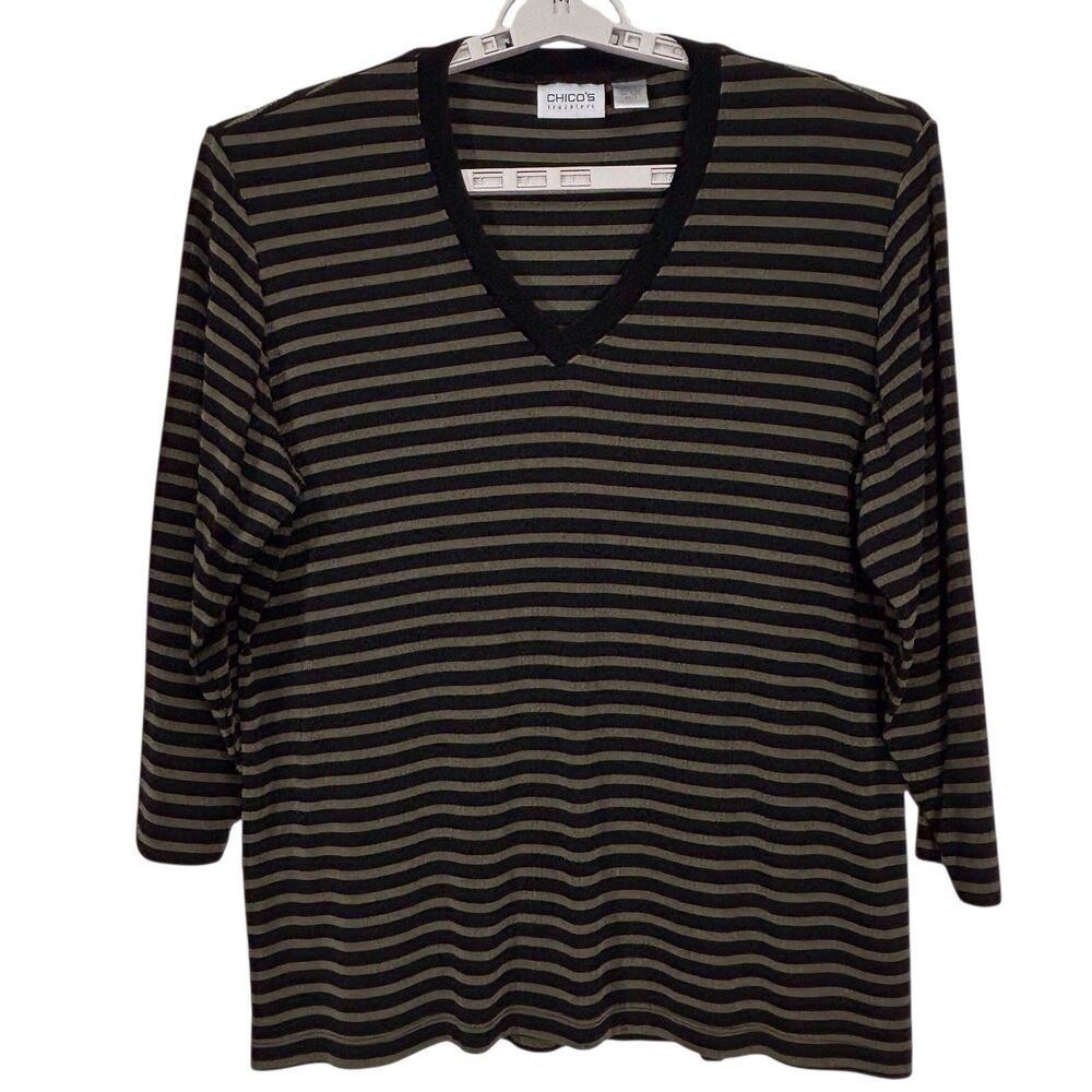Chicos Travelers Size 3 V-Neck Slinky Top Wms XL Slinky Knit Black Green Striped